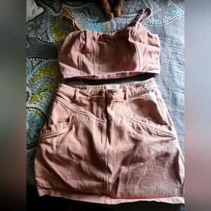 Two-piece denim halter top and skirt